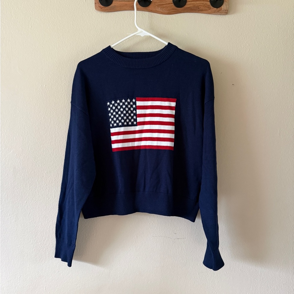 Vigoss Navy Blue American Flag Crewneck Knit Sweater Americana Preppy Size XS